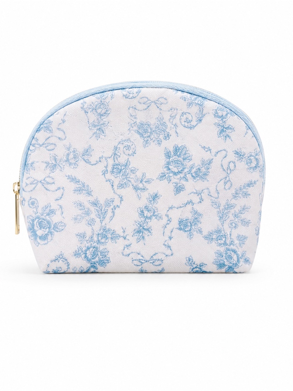 Blue Floral Toile Cosmetic Makeup Bag Travel Pouch Vanity Case Gold Zip